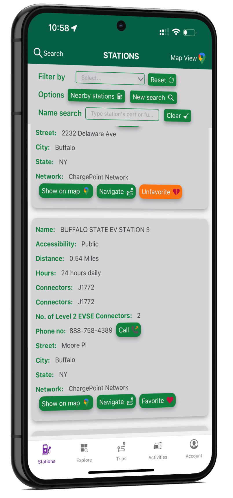 Station Locate app showing charging stations list